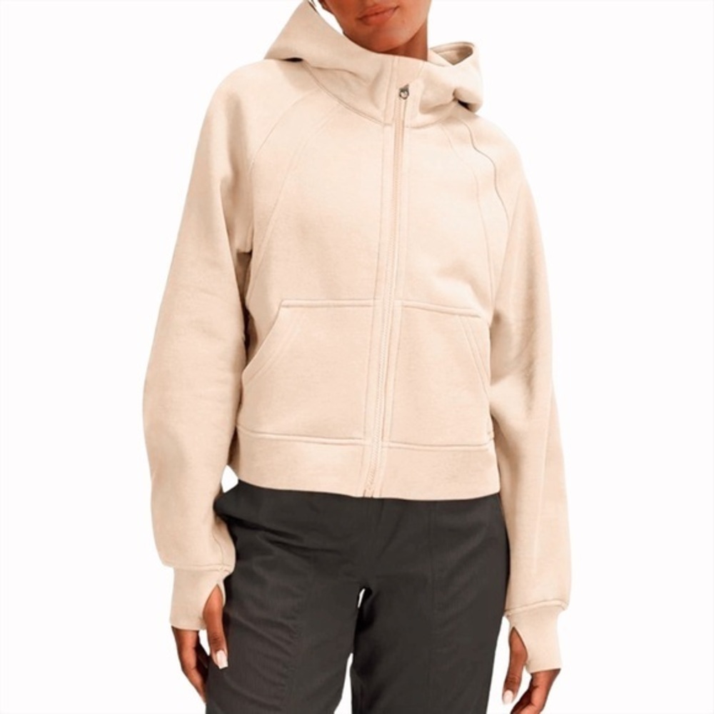 LASLULU‎ Cream Hoodie Fleece Lined Pullover Full Zip Sweatshirt Sz